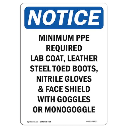 OSHA Notice Sign, Minimum PPE Required Lab Coat, 18in X 12in Decal